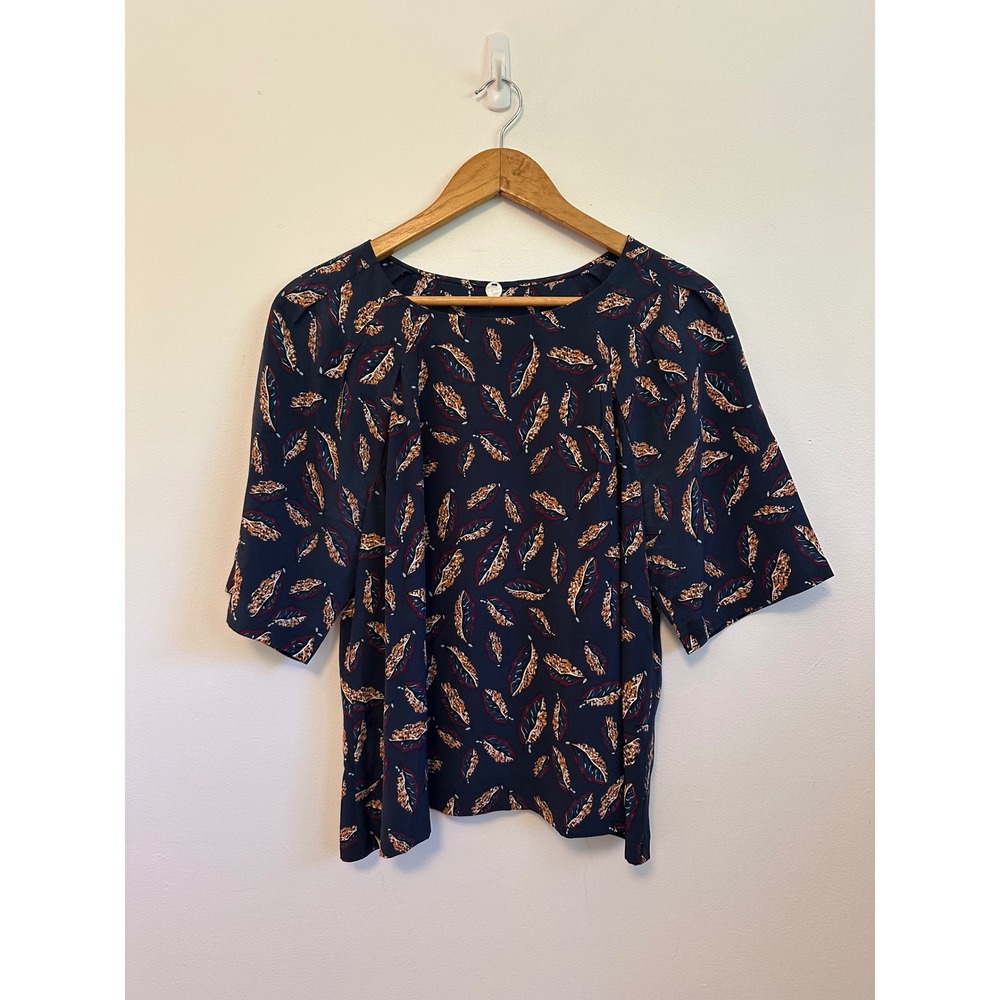 Margaret O'Leary Navy Blue Feather Print 100% Silk Short Sleeve Blouse